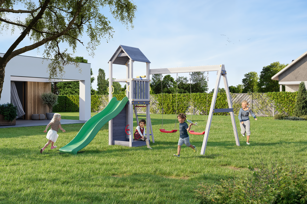 Fungoo Flappi Spielturm mit Doppelschaukel und grüner Rutsche – Grau-Weiß – Produktbild mit Kindern