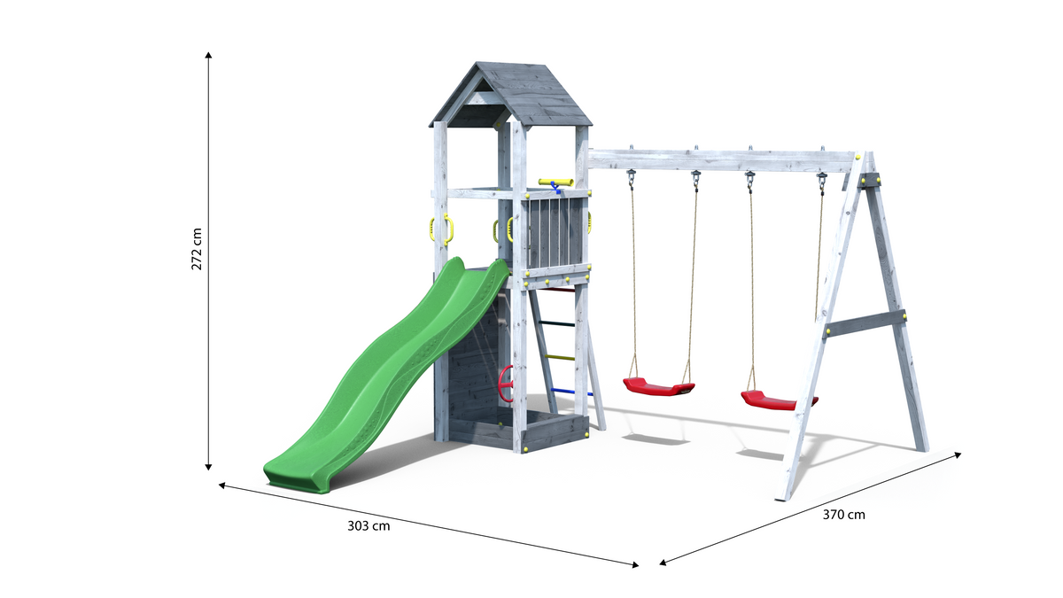 Fungoo Flappi Spielturm mit Doppelschaukel und grüner Rutsche – Grau-Weiß – Maße