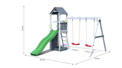 Fungoo Flappi Spielturm mit Doppelschaukel und grüner Rutsche – Grau-Weiß – Maße