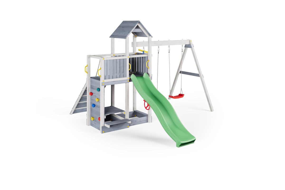 Fungoo Floppi Spielturm mit Doppelschaukel und grüner Rutsche – Grau-Weiß – weitere Produktansicht