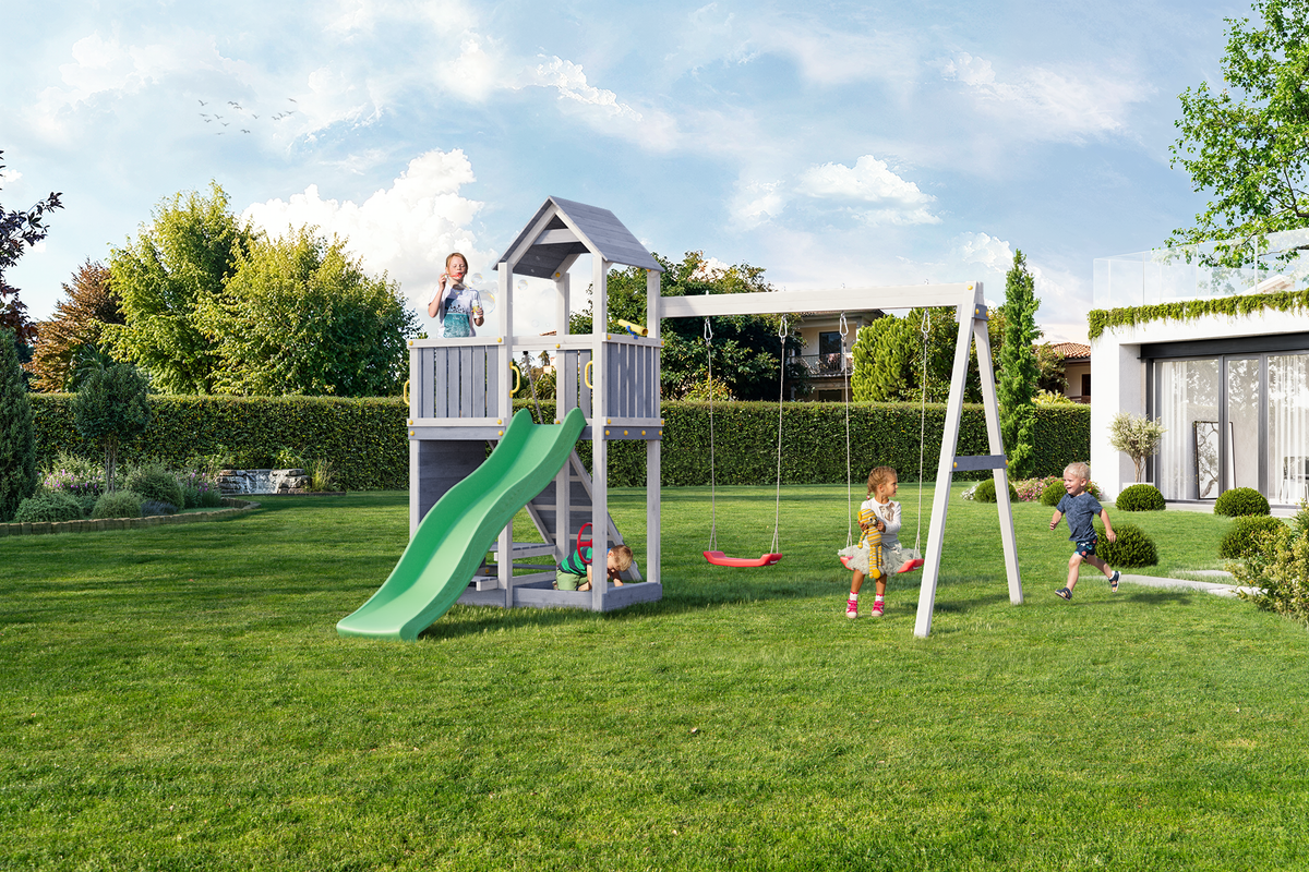 Fungoo Floppi Spielturm mit Doppelschaukel und grüner Rutsche – Grau-Weiß – Produktbild mit Kindern