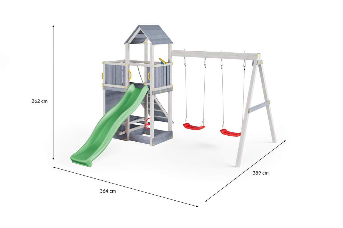 Fungoo Floppi Spielturm mit Doppelschaukel und grüner Rutsche – Grau-Weiß – Maße