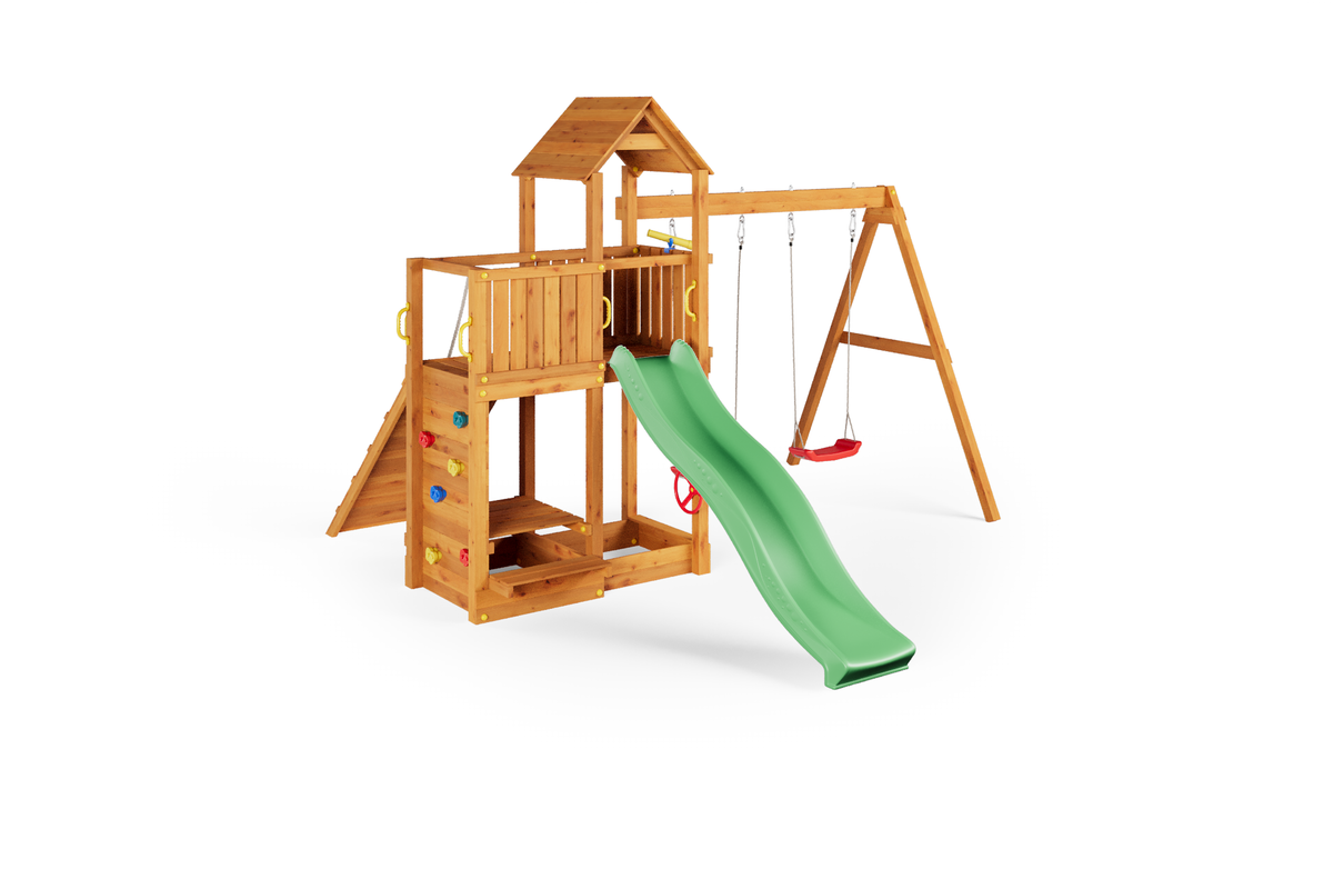 Fungoo Floppi Spielturm mit Doppelschaukel und grüner Rutsche – Teak – weitere Produktansicht