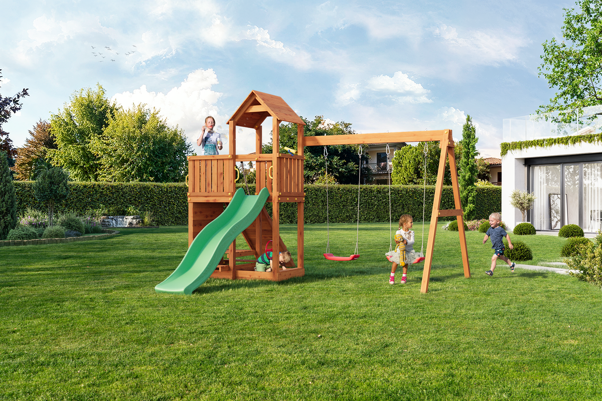 Fungoo Floppi Spielturm mit Doppelschaukel und grüner Rutsche – Teak – Produktbild mit Kindern