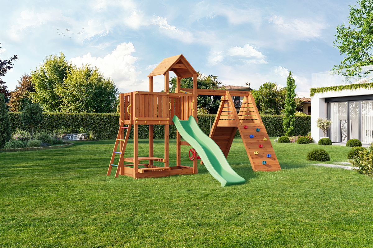 Fungoo Fluppi Spielturm mit Einzelschaukel, Rutsche und Klettermodul – Teak – weitere Produktansicht
