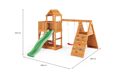 Fungoo Fluppi Spielturm mit Einzelschaukel, Rutsche und Klettermodul – Teak – Maße