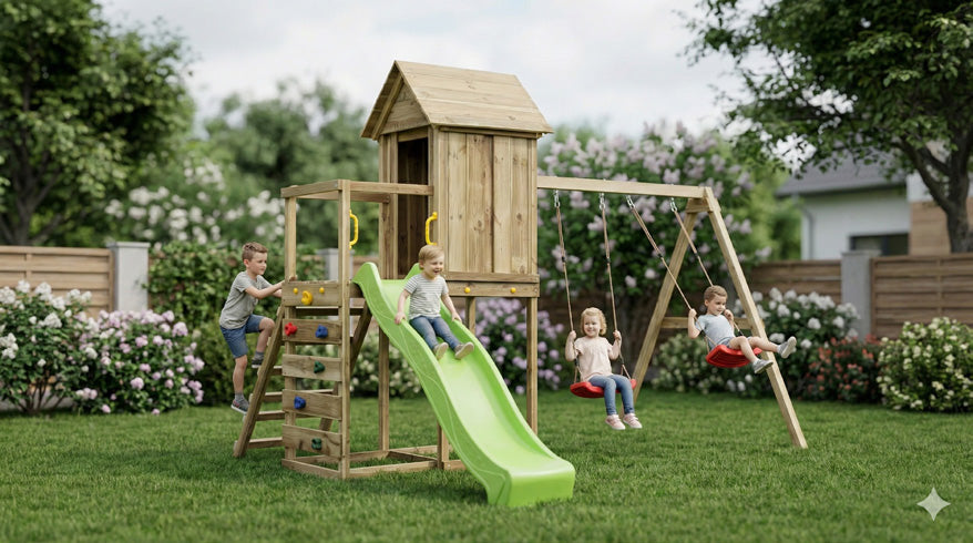 MaxPlay 5 Spielturm mit Spielhaus, Kletterwand, grüner Rutsche und Doppelschaukel