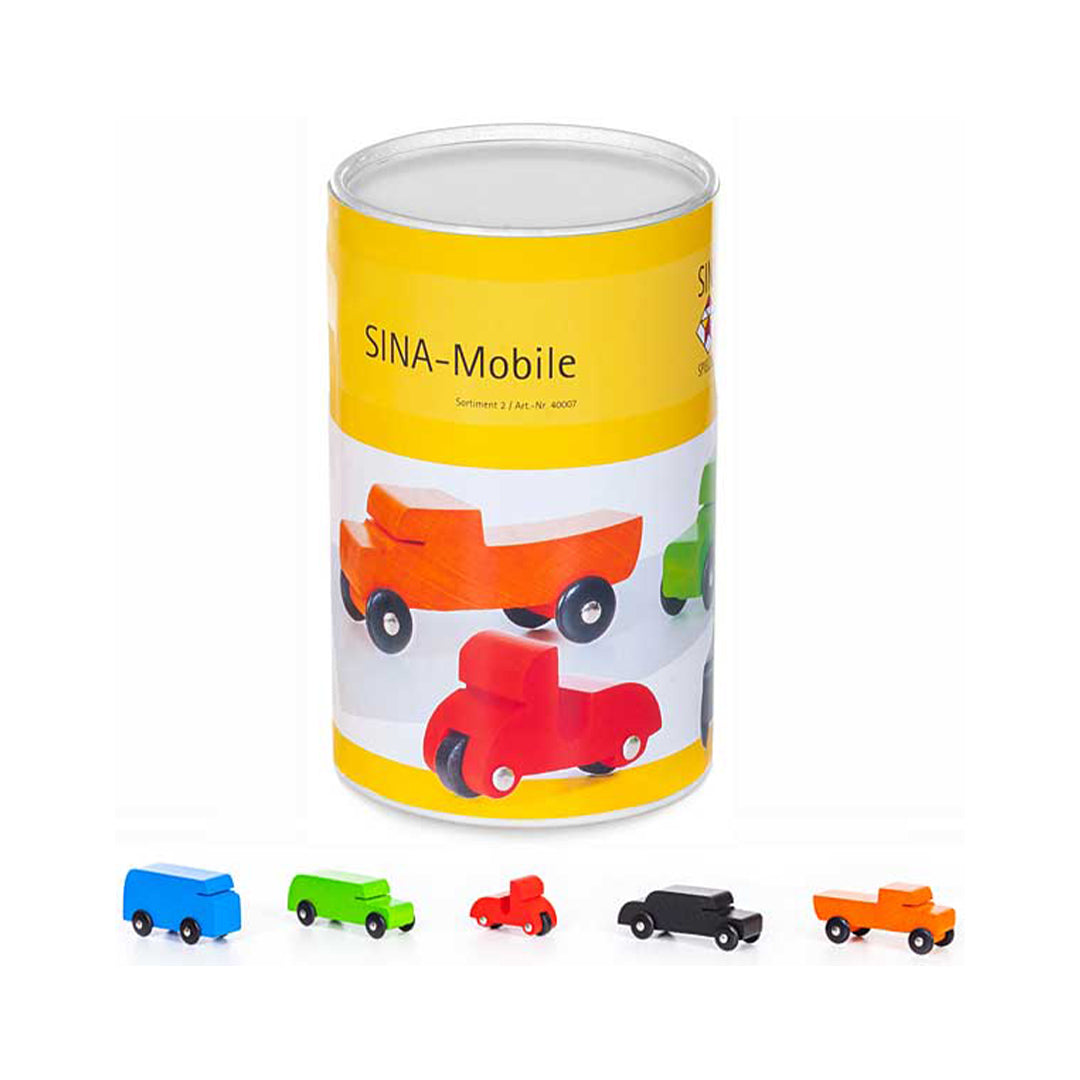 SINA-Mobile Sortierung 2 – fünf Fahrzeuge aus Buchenholz
