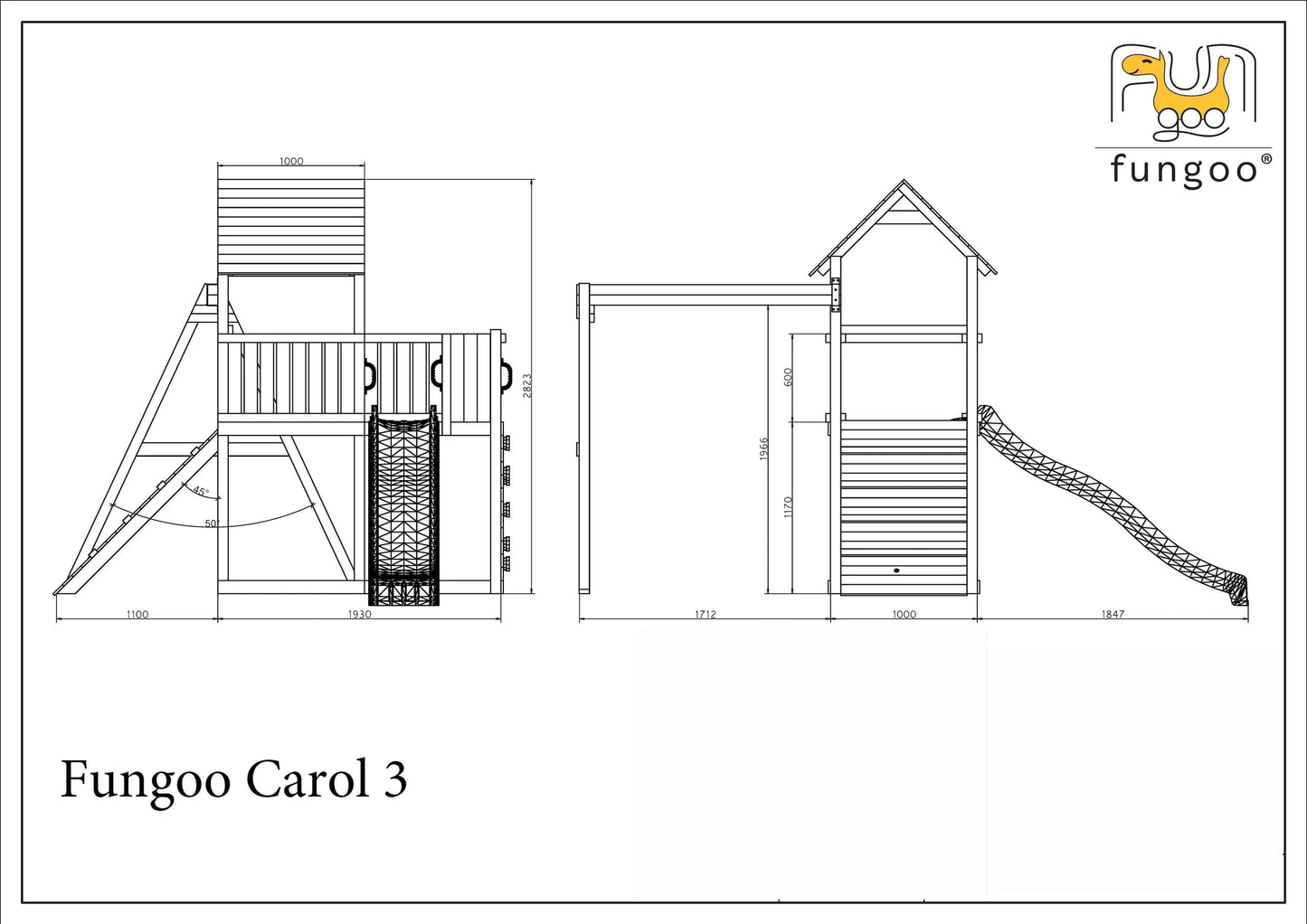 Fungoo Carol 3 in Grau / Weiß, Spielturm mit Rutsche, Schaukel, Holzdach, Kletterwand,  Rampe, Kletterseil uvm.