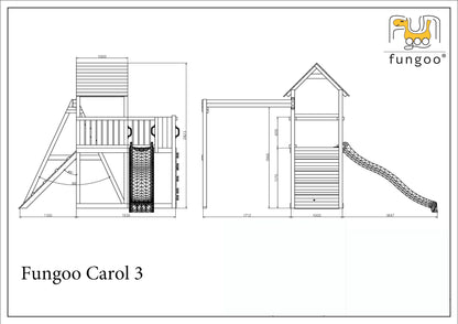 Fungoo Carol 3 in Grau / Weiß, Spielturm mit Rutsche, Schaukel, Holzdach, Kletterwand,  Rampe, Kletterseil uvm.