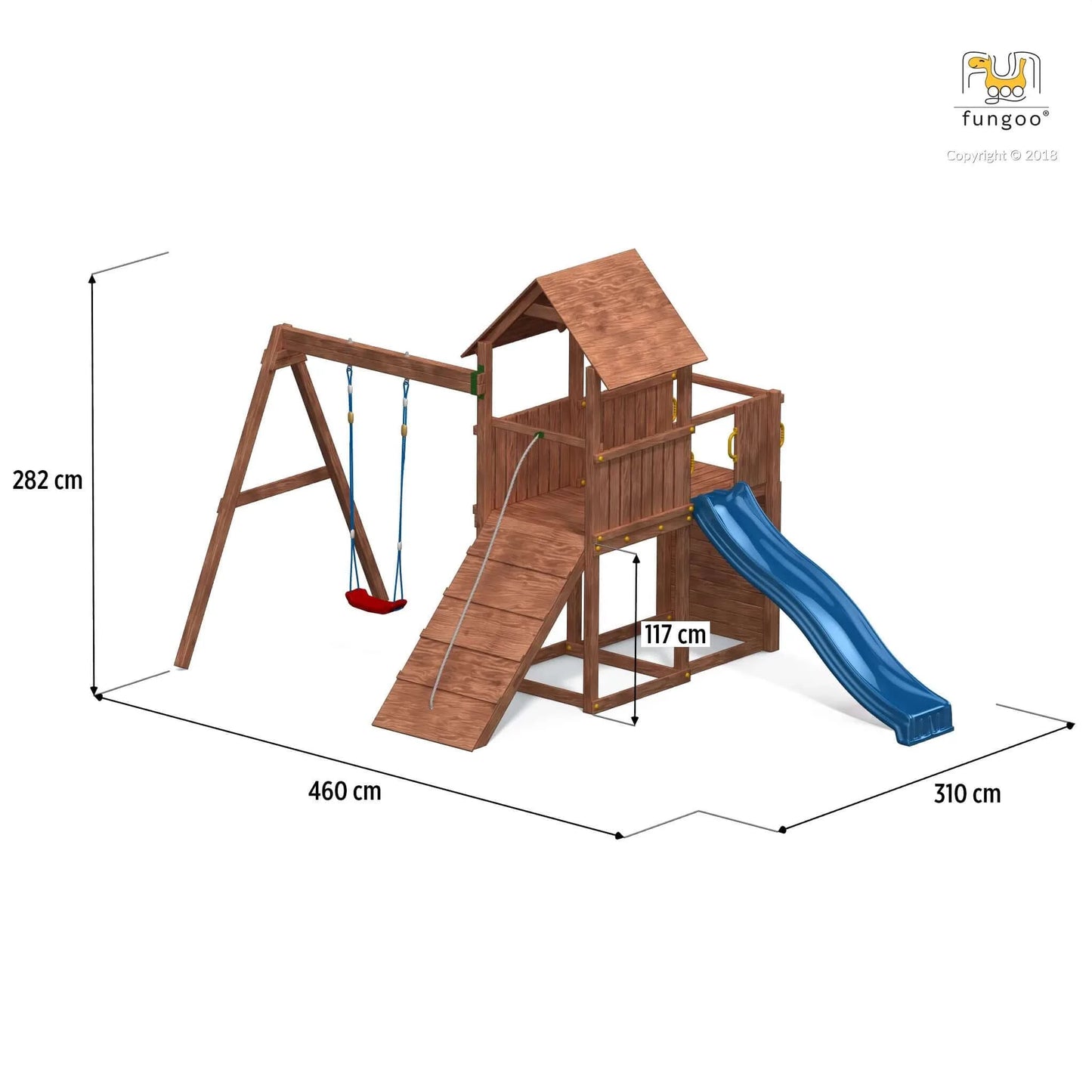 Fungoo Carol 3, Spielturm mit Rutsche, Schaukel, Holzdach, Kletterwand,  Rampe, Kletterseil uvm.
