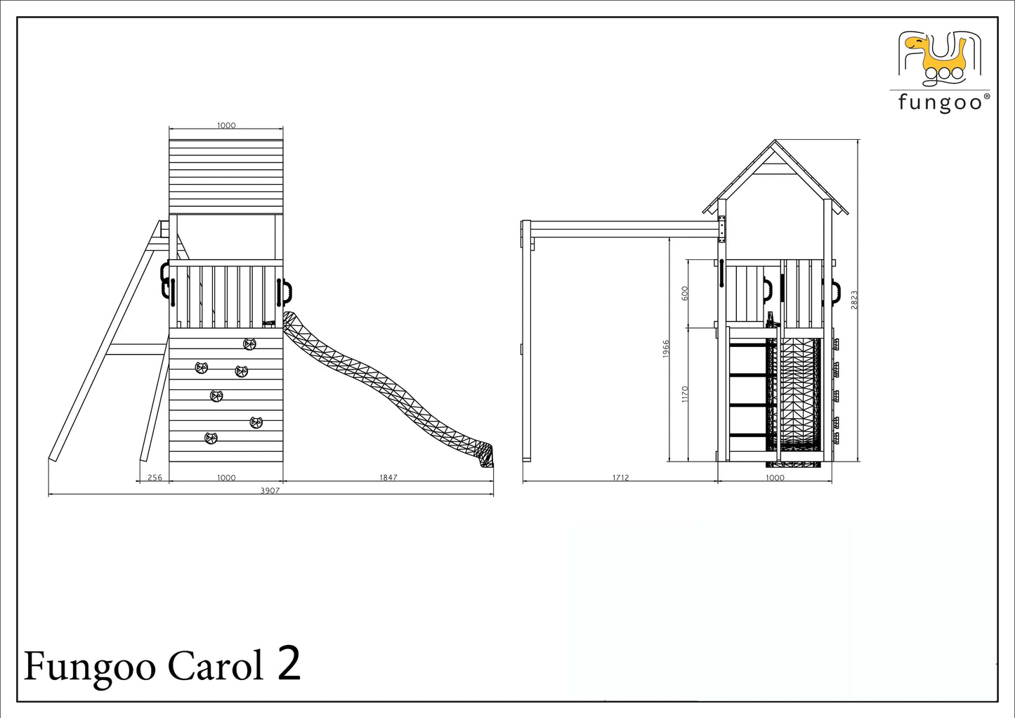 Fungoo Spielturm Carol 2 in der Farbe Grau/Weiß inkl. Rutsche, Schaukel, Holzdach, Leiter uvm.
