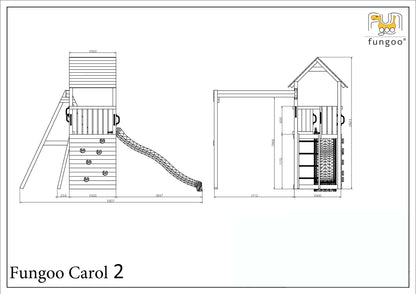 Fungoo Spielturm Carol 2 in der Farbe Grau/Weiß inkl. Rutsche, Schaukel, Holzdach, Leiter uvm.