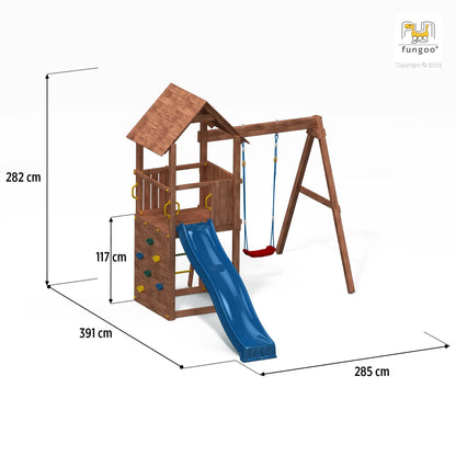 Fungoo Spielturm Carol 2 inkl. Rutsche, Schaukel, Holzdach, Leiter uvm.