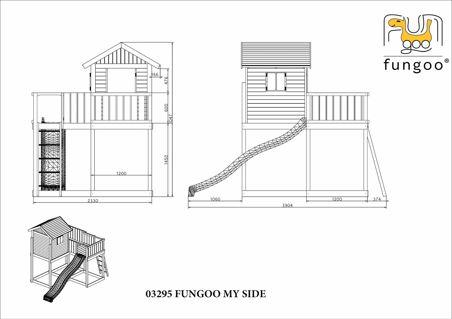 Fungoo My Side Holzhaus mit Rutsche,  Leiter, Griffe und Steuerrad