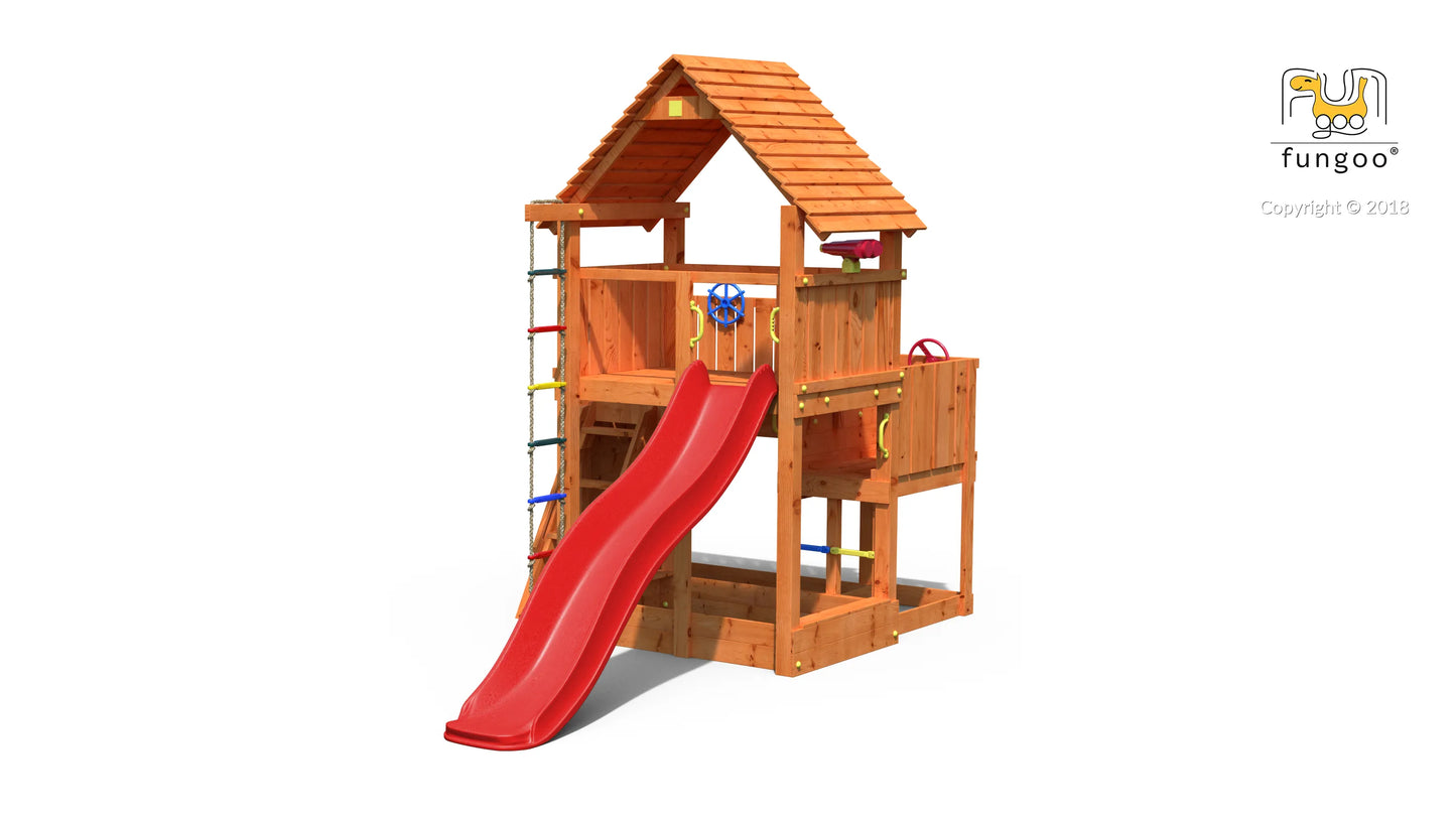 Fungoo Spielturm Big Leader mit Rusche, Holzdach, Kletterwand, Leiter, Strickleiter, Sandkasten uvm.