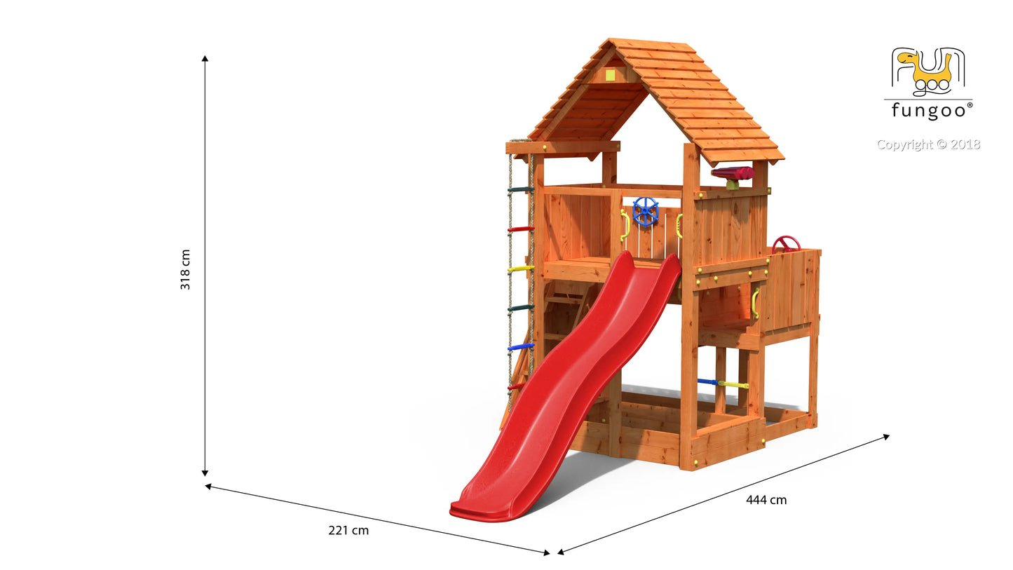 Fungoo Spielturm Big Leader mit Rusche, Holzdach, Kletterwand, Leiter, Strickleiter, Sandkasten uvm.