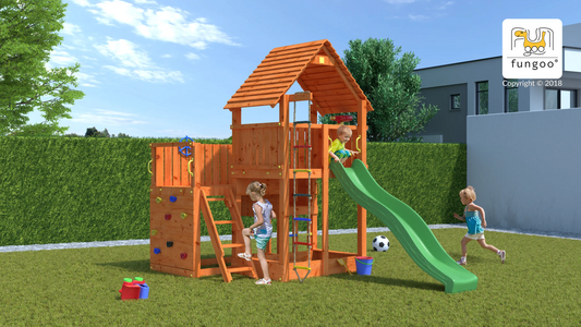 Fungoo Spielturm Big Leader mit Rusche, Holzdach, Kletterwand, Leiter, Strickleiter, Sandkasten uvm.