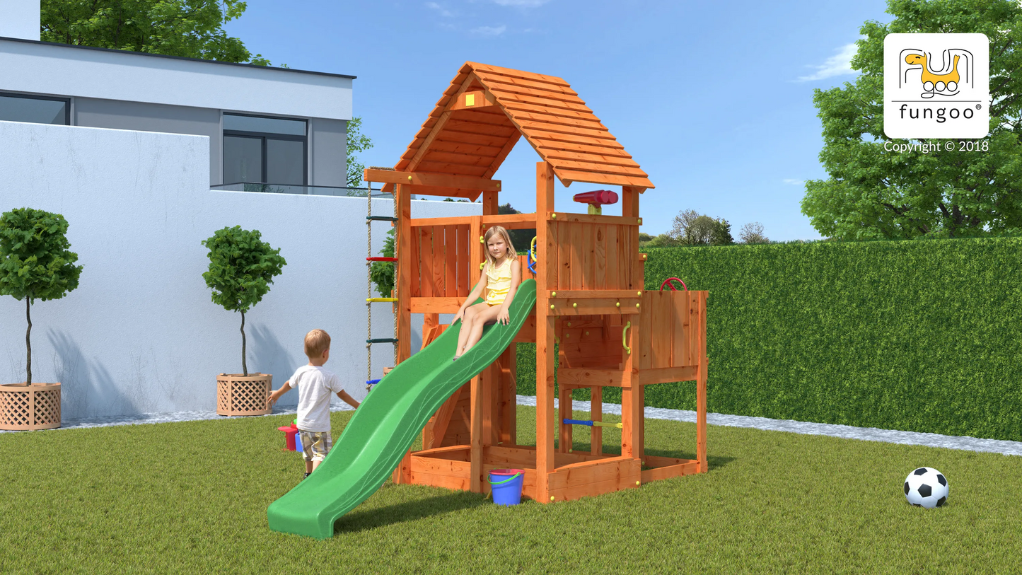 Fungoo Spielturm Big Leader mit Rusche, Holzdach, Kletterwand, Leiter, Strickleiter, Sandkasten uvm.