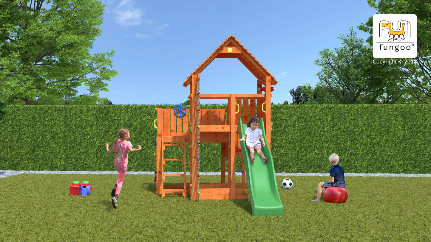 Fungoo Spielturm Big Leader mit Rusche, Holzdach, Kletterwand, Leiter, Strickleiter, Sandkasten uvm.