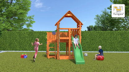 Fungoo Spielturm Big Leader mit Rusche, Holzdach, Kletterwand, Leiter, Strickleiter, Sandkasten uvm.