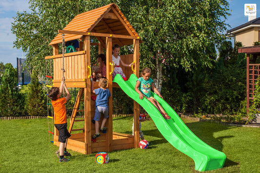Fungoo Fortress Spielturm mit Rusche, Kletterwand, Leiter, Sandkasten, Kletterwand uvm.