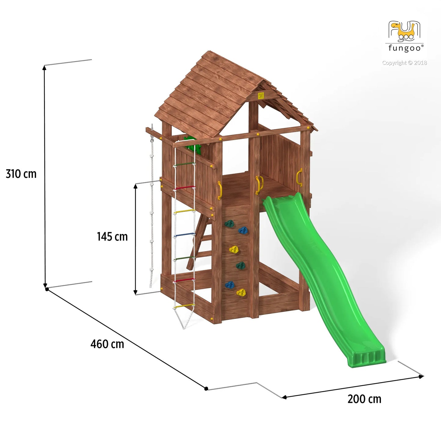 Fungoo Fortress Spielturm mit Rusche, Kletterwand, Leiter, Sandkasten, Kletterwand uvm.