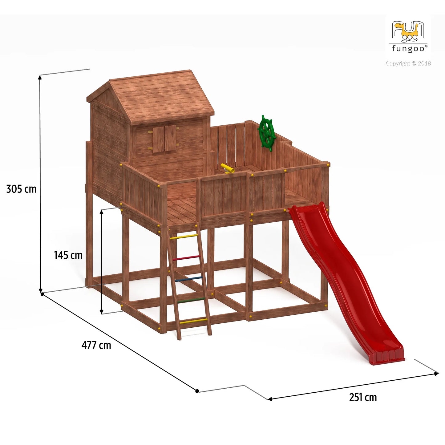 Fungoo My Space XL Holzhaus mit Rutsche, Griffe, Steuerrad, Fernrohr, uvm.